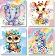 4 Pack Animal Paint by Number for Kids with Wooden Frame-Paint by Numbers for Kids Animals Ages 4-8-12,Easy Elephant Owl Giraffe Zebra DIY Acrylic Oil Painting Kits for Home Wall Decor(8X8inch)