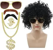 AUTOWT 6 Pcs Men 70s Disco Wig Set, Adult Hippie Hair Accessories with Funky Afro Wig Faux Gold Chain Ring Celebrity Sunglasses 2 Mustaches for 50/60/70s Themed Party Halloween Christmas Cosplay Party