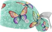 [WOSHJIUK] Working Hat 2 Pack Scrub Caps for Women,Mandala Colored Butterflies,Tie Back Cap Adjustable Scrub Hat