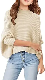 [Haloumoning] Girls' Knitted Pullover Crew Neck Plain Pullover Kids Batwing Long Sleeve Jumper