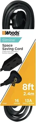 8-Foot Flat Indoor Extension Cord - 3 Grounded Outlets, Right Angle Plug