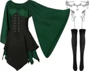 Morakot 4 Pcs Women Elf Costume Renaissance Traditional Irish Dress Fairy Costume Elf Ear Cuffs for Women Halloween Cosplay Party Green and Black S...