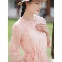 在飛比找ETMall東森購物網優惠-女裝原創棉麻夏季粉色連衣裙旗袍