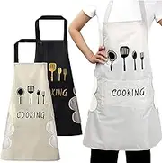 2 Pack Kitchen Apron with Hand Wipe, Women Kitchen Apron with Hand Wipe Pockets, Big Pocket, Hand-Wiping, Waterproof for Cooking Baking for Women Men Chef (Black + White)