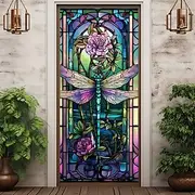 Stained Glass Dragonfly Door Covers Mural Decor Door Tapestry Door Curtain Decoration Backdrop Door Banner Removable for Front Door Indoor Outdoor Home Room De