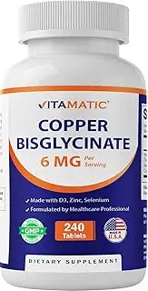 Vitamatic Copper Bisglycinate 6 mg made with Vitamin D3 2000 IU, Zinc 50mg, Selenium 50mcg - 240 Tablets - Non-GMO & Gluten Free