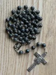 Vintage Black Natural Gemstone Bead Silver Holy Rosary for Catholic Prayers