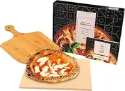 GOURMEO Pizza Stone Set with Bamboo Shovel - 38 x 30 cm Square - Cordierite Pizza Stone for Oven, Gas Grill & Grill - Even Heat Distribution & Easy Cleaning