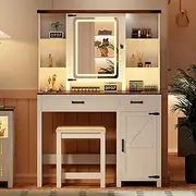 Dystler Farmhouse Makeup Vanity Desk with Lights: Small Vanity Table with 3 Colors LED Lights Mirror & Charging Station, Glass Tabletop Rustic Dressing Table for Bedroom Furniture, White
