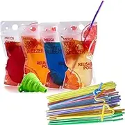 Reusable Drink Pouches - (201 Piece Set) 100 Clear Drink Bags + 100 Straws - Double Zipper Reusable Smoothie Juice, Clear Zipper Pouch Storage Bags NO LEAKS and Environmentally Friendly & BPA Free