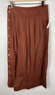 NWT Anthropologie Size 2 Brown/Orange Linen Blend Button Side Wide Leg Crop Pant