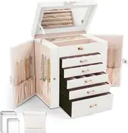 Large 6-Layer Jewelry Box with Mirror and 5 Drawers for Women - White