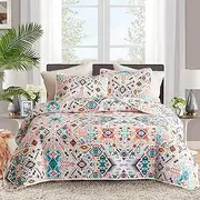 FlySheep 3-Piece Lightweight Bohemian Geometric Full Queen Quilt Set, Colorful Chic Aztec Pattern Summer Bedspread/Coverlet, Brushed Microfiber for All Season - 92" x 90"