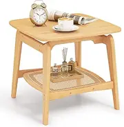 Giantex Side Table, Bamboo Sofa Side Table with Faux Rattan Storage Shelf, Boho End Table, Accent Bedside Square Table, Mid Century Modern Nightstand, Coffee Table for Living Room, Bedroom, Natural