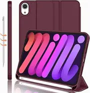 iMieet iPad Mini 7 Case 2024 (A17 Pro), iPad Mini 6 Case (8.3-Inch,2021 Model), iPad Mini 7th/6th Generation Case with Pencil Holder, Trifold Stand Smart Case with Soft TPU Back,Wine