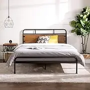 Zinus Santa Fe Double Bed Frame Metal Wood with Pine Headboard and Footboard, Mattress Base Support Wooden Slat Black Steel