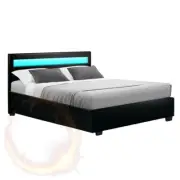 Artiss Cole LED Bed Frame PVC Leather Gas Lift Storage Black Double