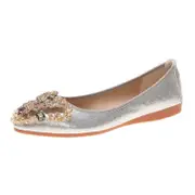 Catzon Womens Foldable Ballet Flats Rhinestone Pointed Toe Comfortable Shoes-Sliver