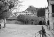 Some inhabitants Asolo walking square town background fortress Aso- Old Photo