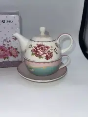 Jusalpha Fine Bone China Teapot for One, Rose Teapot and Saucer Set Tea Cup New