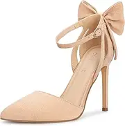 [Carcuume] Womens Bow Tie Back Heels Close Toe Pumps Stiletto High Heels Wedding Shoes Ankle Strap Heel Sandals