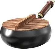 Iron Wok for Cooking | Flat Bottom Wok with Wood Handle,Handmade Iron Cookware Multi-Function Frying Pan Stock Pot for Frying Boiling Kitchen Home Restaurant