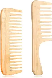 Gjinxi 2PCS Bamboo Wide Tooth Comb, Natural Bamboo Comb Set, Small Hair Brushes, Large Hair Detangling Comb, Wooden Curls Comb, Anti Static Big Tooth Wood Comb for All Hair Types,Travel Friendly