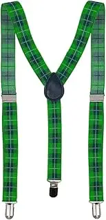 [St. Patrick's] Green Plaid Print Suspenders - Adjustable Straight Metal Clip Accessory with Elastic Bands