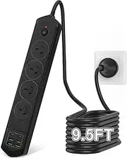Surge Protector Power Board - 4 Widely Outlets with 4 USB Ports(2 USB C Outlets), 3000W Power Strip with 2.9M Extension Cord, 900J Surge Protection, Flat Plug, Wall Mount for Home Office (Black)