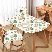 Amonsa Oval Chanukah Tablecloths Fitted Table Cover with Elastic：Washable Stretchy Spandex Fabric Dining Table Cloth Protector Candles and Donuts 42 x 60 Inch
