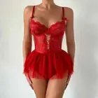 Open Crotch Lace Teddy Lingerie Plunging Cut Out Bodysuit Mini Skirt Lingerie
