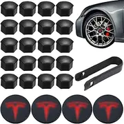 Wheel Center Hub Cap Kit with Emblem for Tesla Model Y/Model 3,Hubcaps Wheel Rim Cover Accessories 4 Hub Center Caps + 20 Black Lug Nut Covers and Puller for Uninstalling (Red)