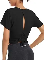 [baleaf] Women's Workout Tops Short Sleeve Crop Yoga Pilates Shirts Lightweight Open Back Clinch Athletic Gym Exercise Running T-Shirts