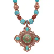 Fashion 1928 Jewelry Copper-Tone Frame And Beads Brown Aqua Enamel Acrylic 16 Inch Necklace With 3 Extension