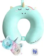 urnexttour Neck Travel Pillow for Kids, Unicorn Airplane Memory Foam Pillow with Cute Sleep Mask & Earplugs, Lightweight Travelling Sleeping Pillow Set for Car, Train, Bus and Home Use (Blue)