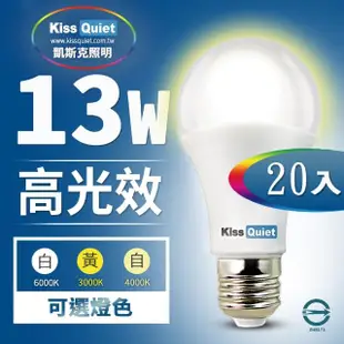 【KISS QUIET】13W LED燈泡270超廣角 白光/黃光/自然光 全電壓球泡燈-20入(燈泡 E27 燈管 崁燈 吸頂燈)