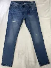 CAVALLI CLASS Men's Jean 34X32 Blue Denim Slim Straight Distressed OXJ211 Cowboy