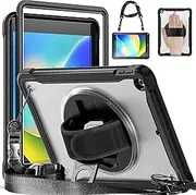 AVAKOT iPad 9th/8th/7th Generation Case-Built-in Screen Protector, Shockproof with Pencil Holder 360° Rotating Hand Strap&Kickstand, Shoulder Strap, for iPad 10.2 inch Case 2021/2020/2019(Black)