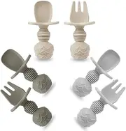 PandaEar 6 Pack Silicone Baby Spoons and Fork Feeding Set- Anti-Choke First Self Feeding Utensils for Baby Led Weaning Ages 3 Months (Brown Grey Tan)