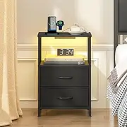 [ADVWIN] LED Bedside Table with Charging Station, Living Room Side Table with 2 Fabric Drawers & Storage Shelf, Nightstand with USB Ports & Outlets, Black Drawers+Black Top