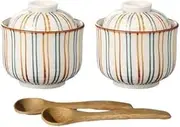 j-pure hitomi Japanese Porcelain Chawan-mushi Cups with Lid and Spoon, 3.2" dia. x H3.15 Two Color Tokusa Pattern, Mino Ware, Set of 2 (Tokusa S)