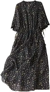 [Mkjuuior] Women's V Neck Floral Print Dress Spring Summer Loose High Waist Tie Slim Long Dress