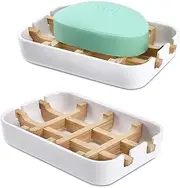 ATDORO 2 Pack Bar Soap Holder Shower, Soap Holder, Bamboo Wooden Soap Dishes for Bathroom, Sink Deck Bathtub Shower Tray (White)