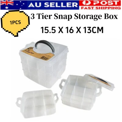 3 Tier Snap Storage Box Plastic Craft Tool Case Stationary Organiser Carrier Box