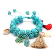 2 Pcs Bohemian Natural Turquoise Beads Bracelet Shell Leaf Tree of Life Charms Beaded Tassel Bracelets