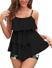 [CALANTA] Women's Ruffle Swimsuits Plus Size Tankini Tank Top with Boyshorts Swimdress Tummy Control Two Piece Bathing Suits