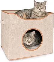 Cat Cube Pet Bed Indoor House for Cats Small Dogs Flatpack Easy to Assemble has a Light Brown Trim 2 Soft Toys Included a Mouse and Ball from Paton Pets Australia