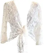 [OgLuxe] Womens Sparkly Plus Size Sequen Lace Front Tie Evening Bolero Shrug Sizes 10-22