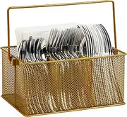 Mind Reader Metal Mesh Basket with Handle, Storage Basket Organizer, Utensil Holder, Forks, Spoons, Knives, Napkins, Perfect for Desk Supplies, Pencils, Pens, Staples, Gold