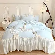 Rvciby Blue Bow Duvet Cover Twin Size,2PCS Soft Microfiber Bedding Set,Romantic French Bedding with Chiffon Lace and Cute Bows,Corner Ties&Zipper Closure (66"x90"-1 Duvet Cover,1 Pillow Cases)